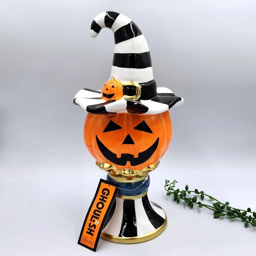 Ghoulish Pumpkin Pedestal Figurine Halloween Black White Striped Witch 14